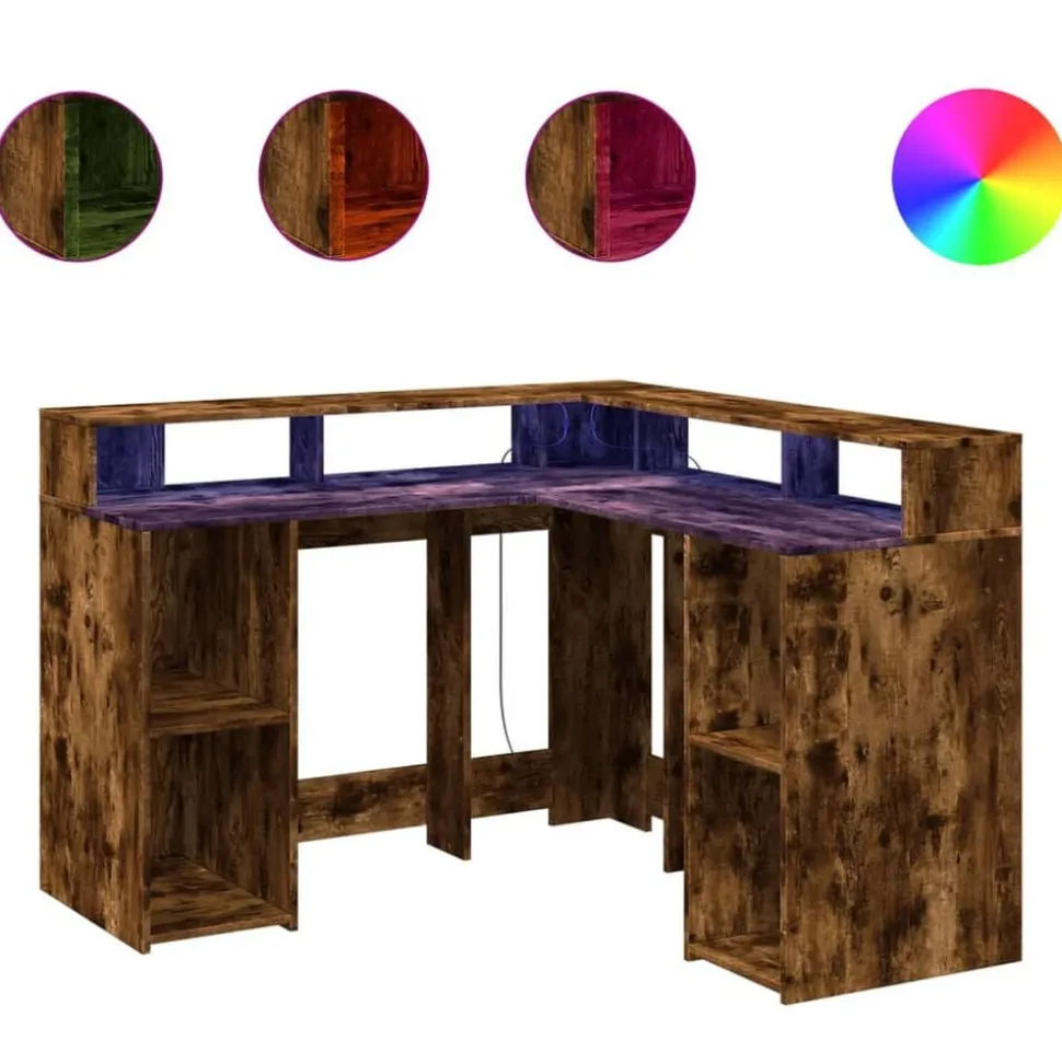 vidaXL Bureau met LED-verlichting 130x130x91 cm hout gerookt eiken