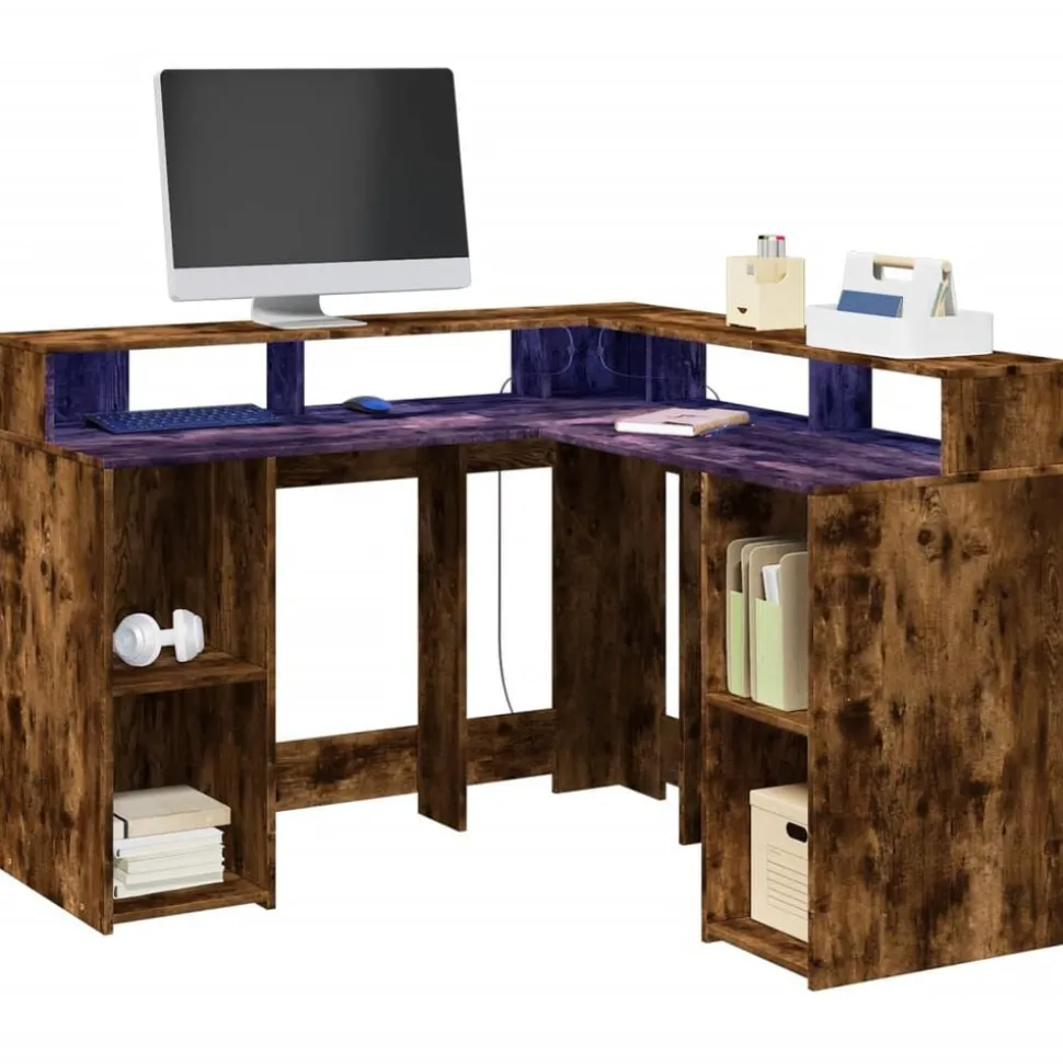 vidaXL Bureau met LED-verlichting 130x130x91 cm hout gerookt eiken