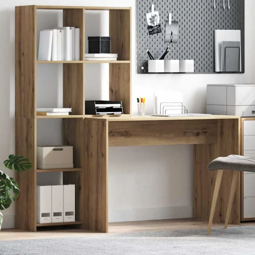 vidaXL Bureau met plank Artisan Eiken 138,5 x 55 x 143 cm Bewerkt hout