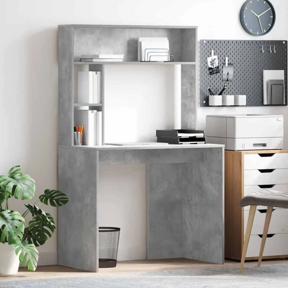 vidaXL Bureau met plank Beton Grijs 91 x 50 x 149 cm Bewerkt hout