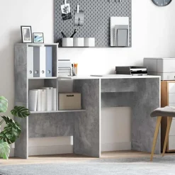 vidaXL Bureau met plank Beton Grijs 131,5 x 50 x 106,5 cm Bewerkt hout