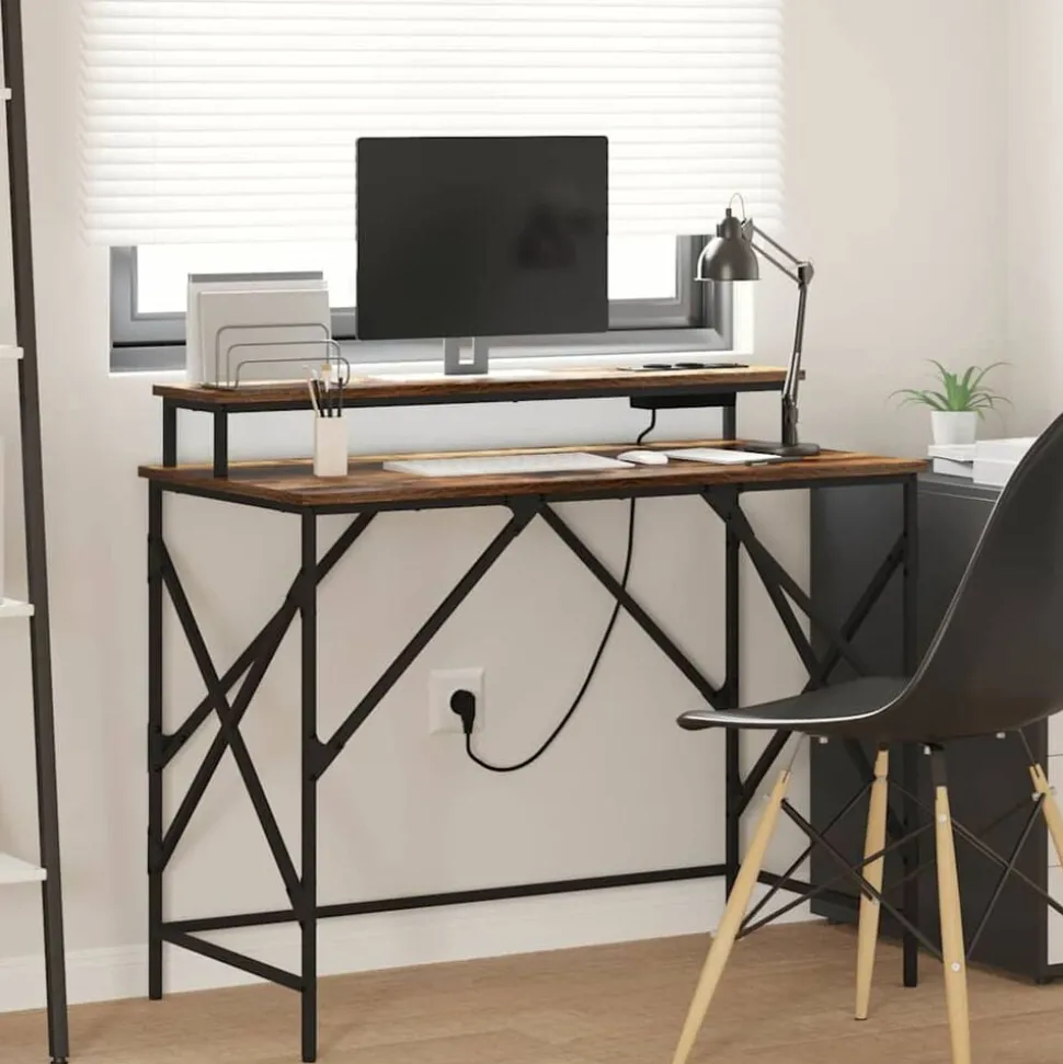 vidaXL Bureau met plank Gerookt eiken 100 x 50 x 86,5 cm Bewerkt hout