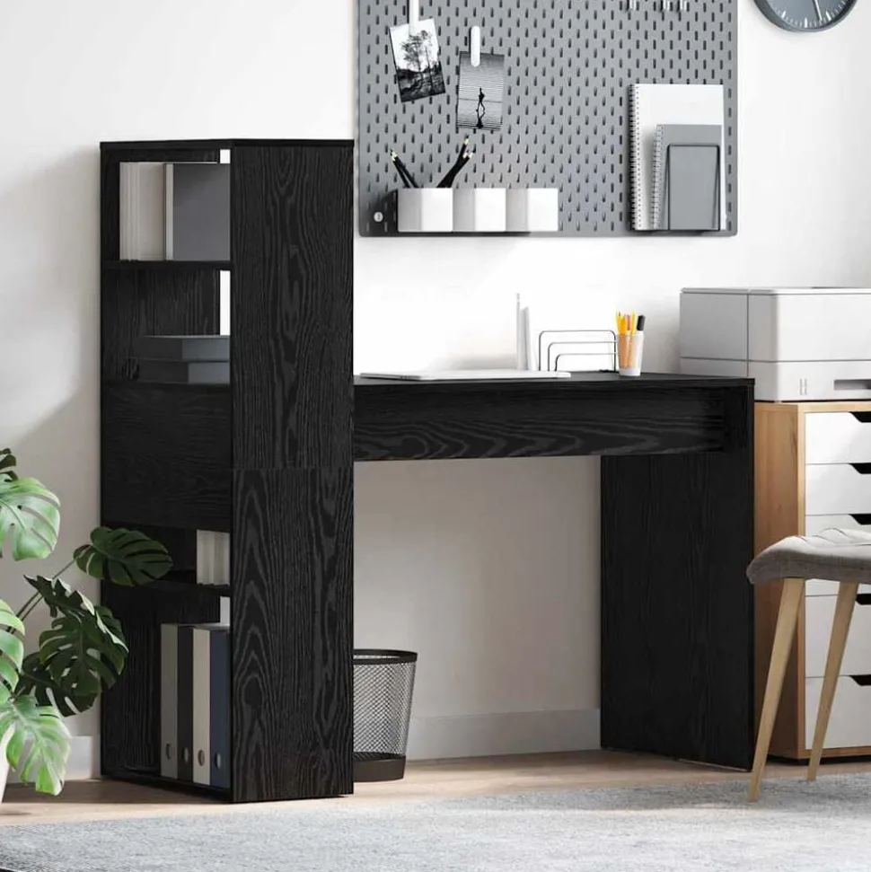 vidaXL Bureau met plank Zwart Eiken 113 x 54 x 120 cm Bewerkt hout