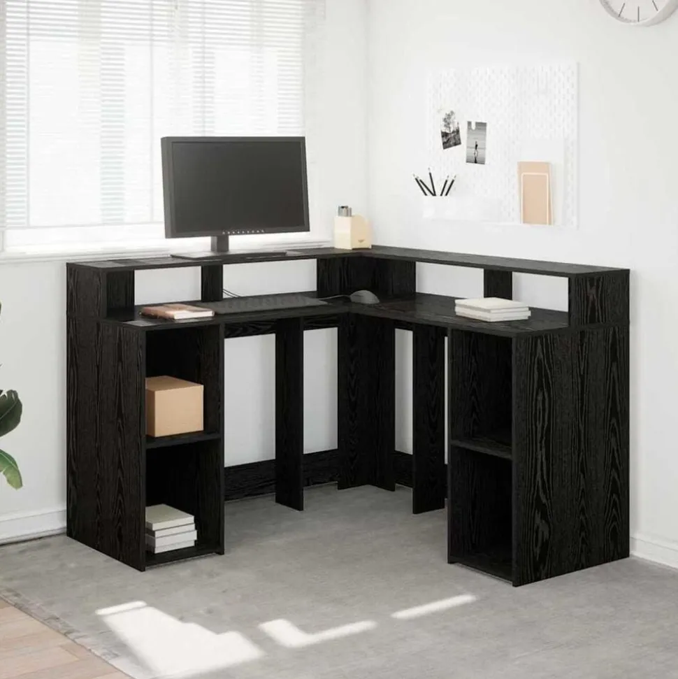 vidaXL Bureau met plank Zwart Eiken 130 x 130 x 91 cm Bewerkt hout