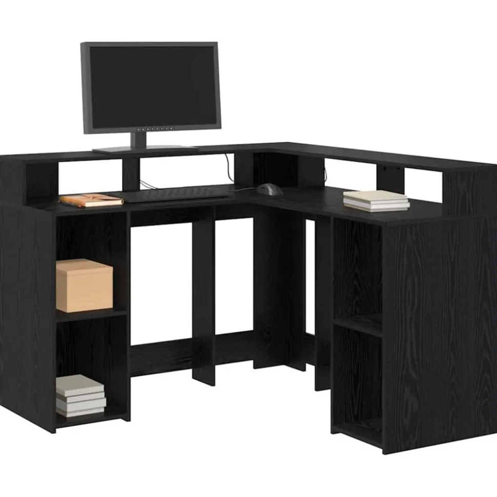 vidaXL Bureau met plank Zwart Eiken 130 x 130 x 91 cm Bewerkt hout