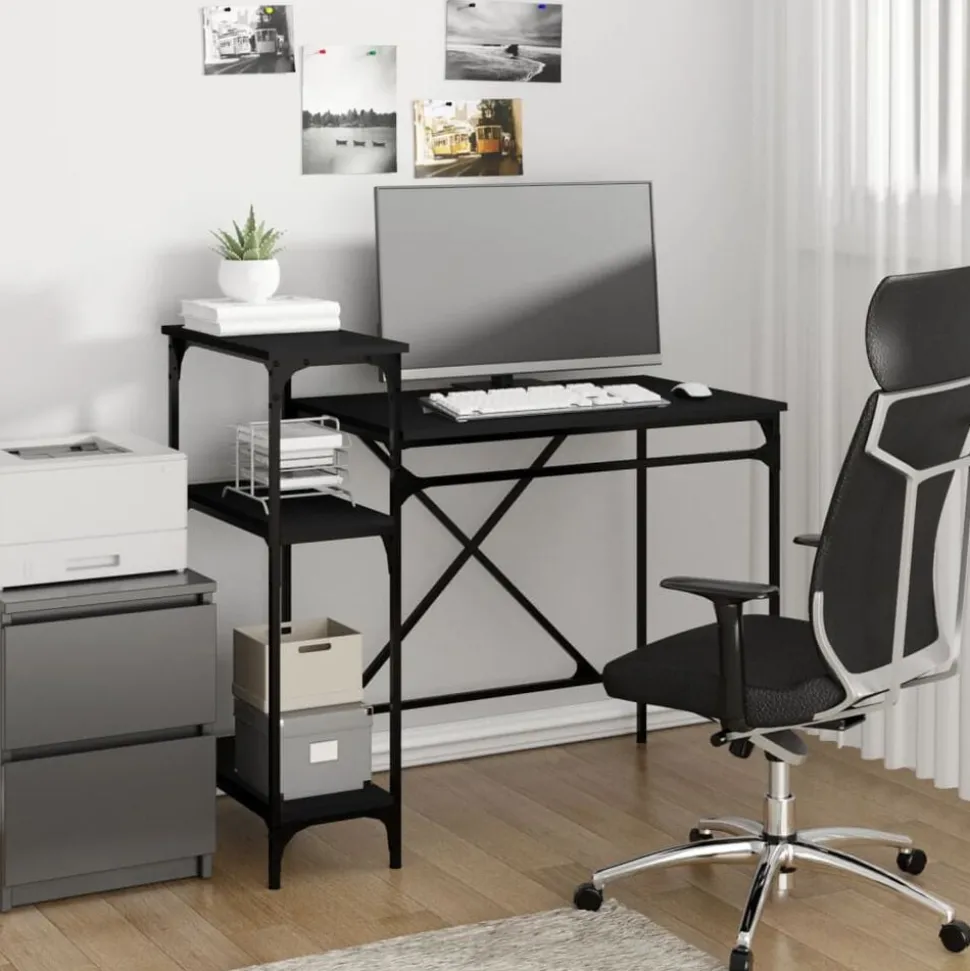 vidaXL Bureau met schappen 105x50x90 cm bewerkt hout en ijzer zwart