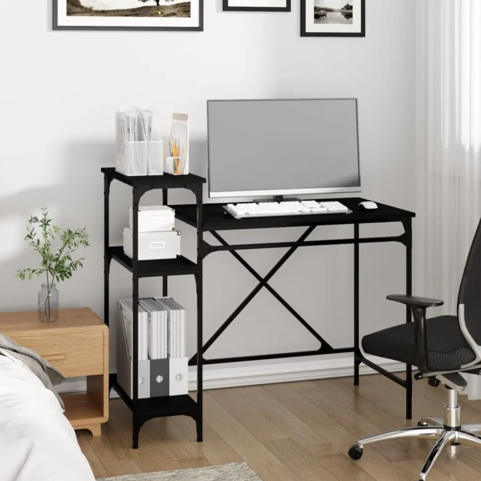 vidaXL Bureau met schappen 105x50x90 cm bewerkt hout en ijzer zwart