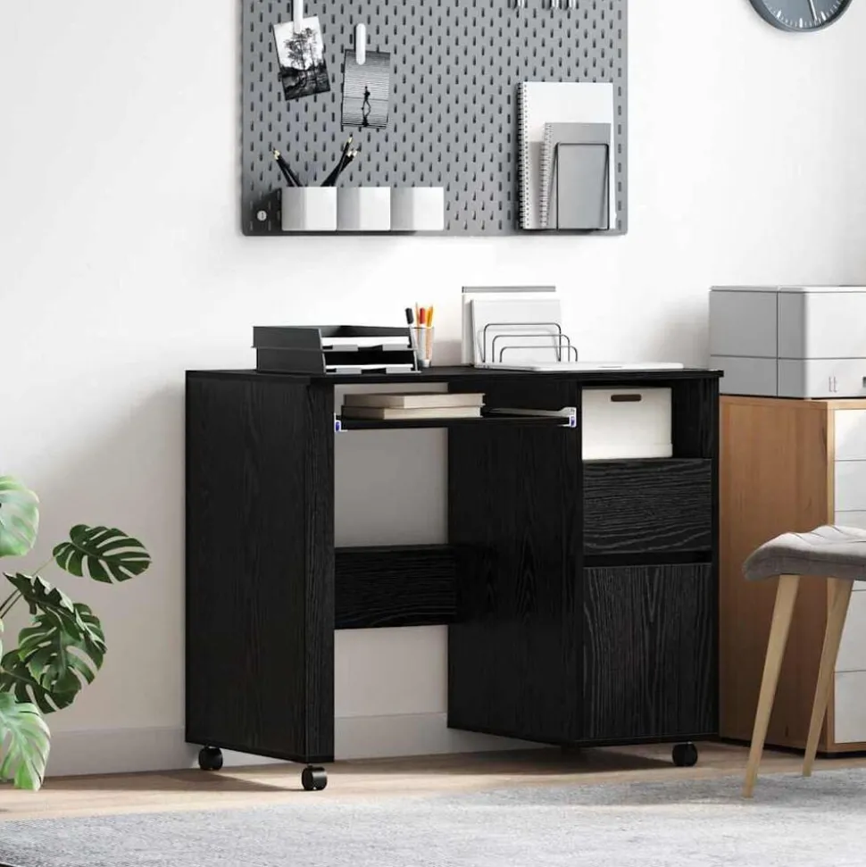 vidaXL Bureau met Wielen Zwart Eiken 91 x 50 x 77 cm Bewerkt hout