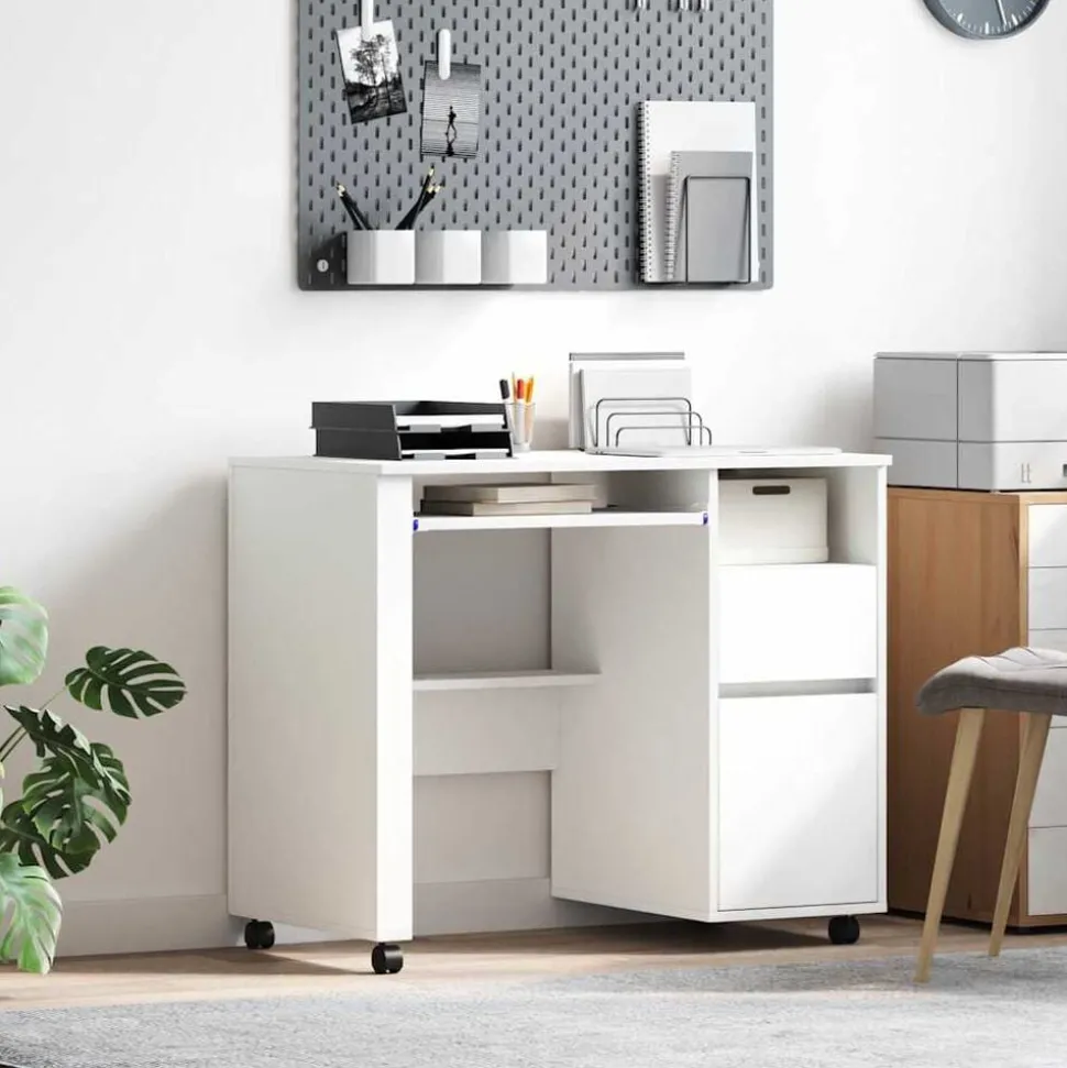 vidaXL Bureau met Wielen met lade Wit 91 x 50 x 77 cm Bewerkt hout