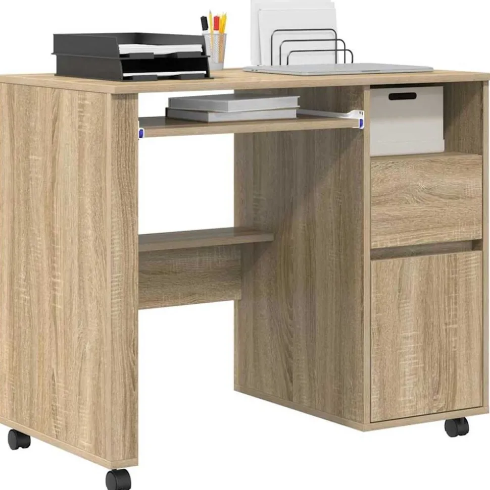 vidaXL Bureau met Wielen Sonoma Eiken 91 x 50 x 77 cm Bewerkt hout