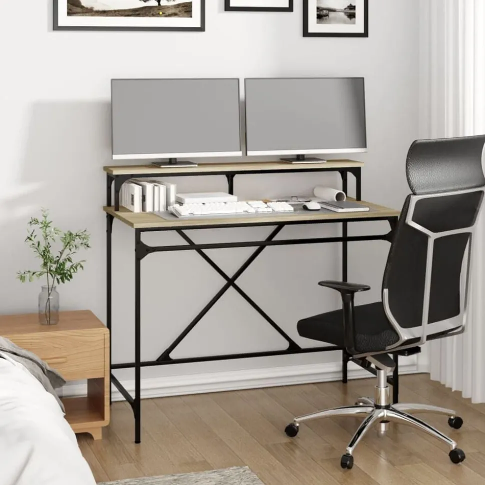 vidaXL Bureau 100x50x90 cm bewerkt hout en ijzer sonoma eikenkleur
