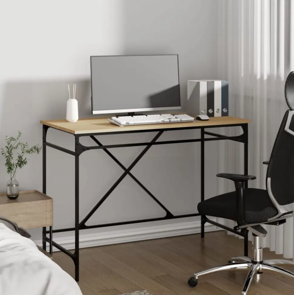 vidaXL Bureau 100x50x75 cm bewerkt hout en ijzer sonoma eikenkleurig