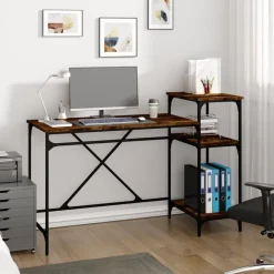 vidaXL Bureau 135x50x90 cm bewerkt hout en ijzer gerookt eikenkleurig