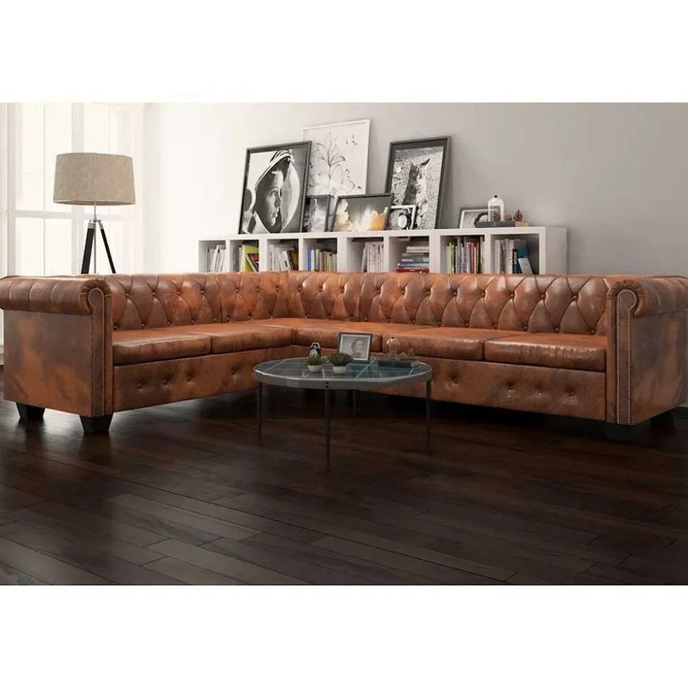 vidaXL Chesterfield hoekbank 6-zits kunstleer bruin