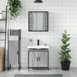 vidaXL 3-delige Badkamermeubelset bewerkt hout grijs sonoma eikenkleur