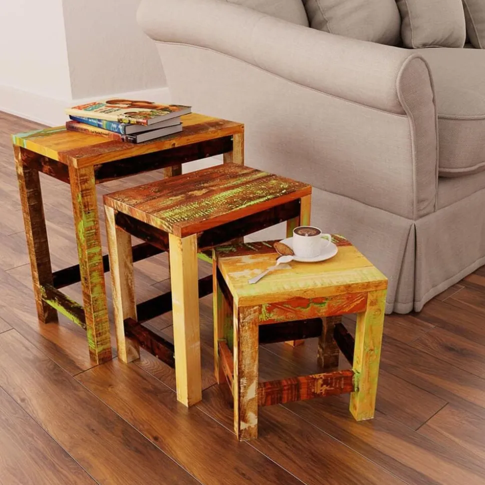 vidaXL 3-delige Bijzettafeltjesset vintage stijl gerecycled hout