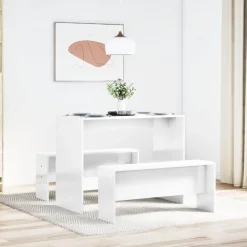 vidaXL 3-delige Eettafel en bankenset bewerkt hout hoogglans wit