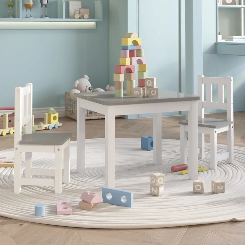 vidaXL 3-delige Kindertafel- en stoelenset MDF wit en grijs