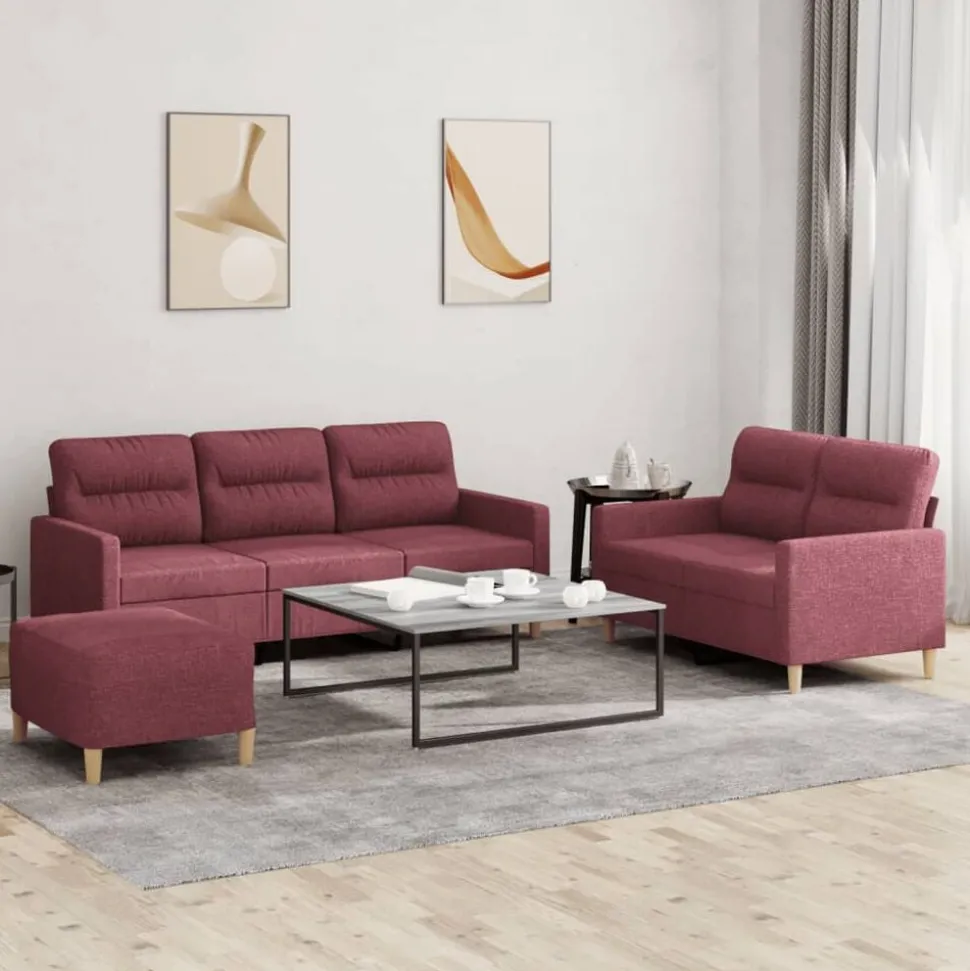 vidaXL 3-delige Loungeset met kussens stof wijnrood