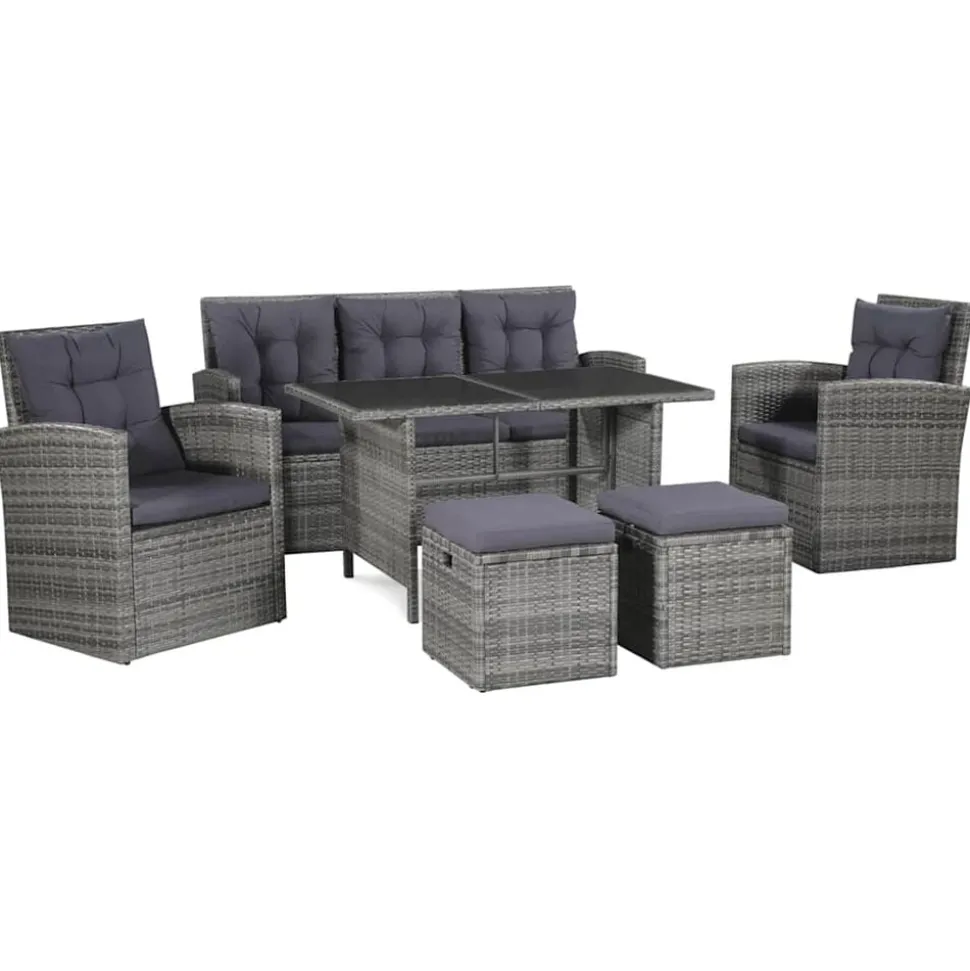 vidaXL 6-delige Loungeset met kussens poly rattan grijs