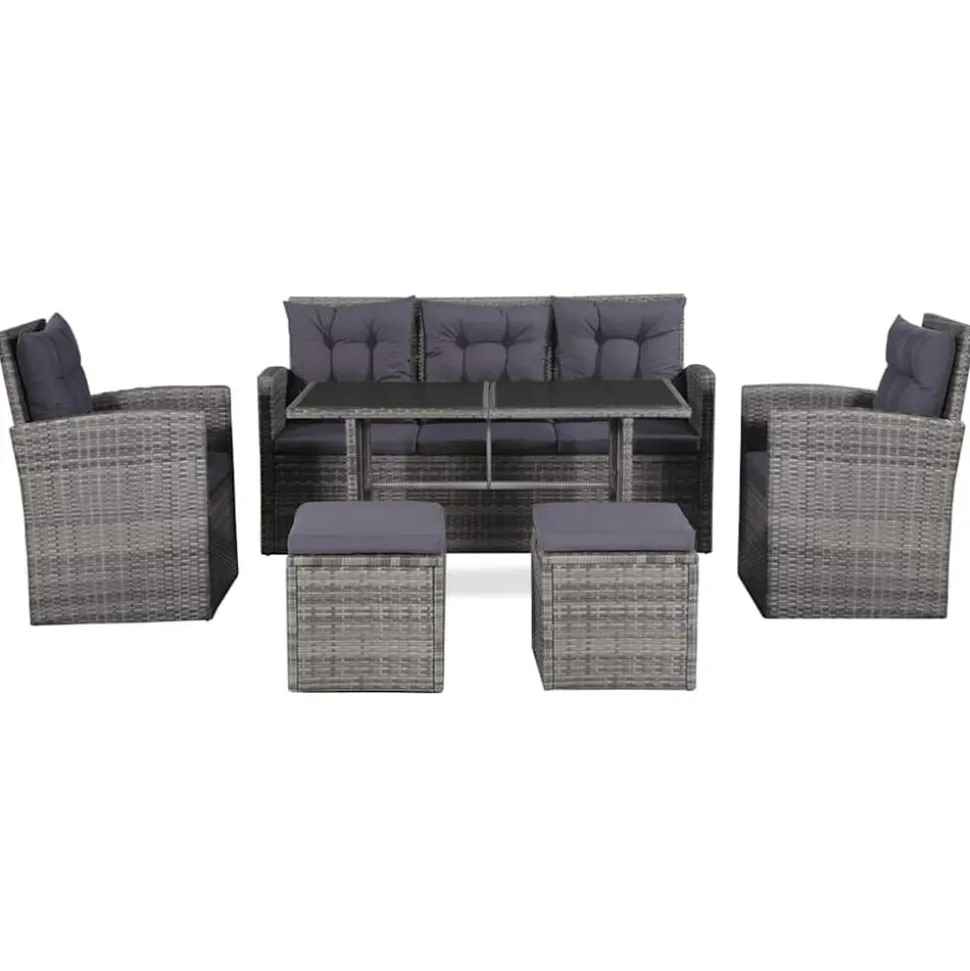 vidaXL 6-delige Loungeset met kussens poly rattan grijs