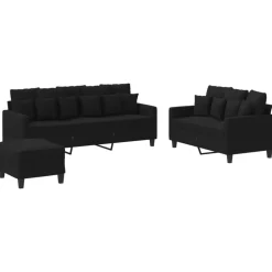 vidaXL 3-delige loungeset met kussens stof zwart