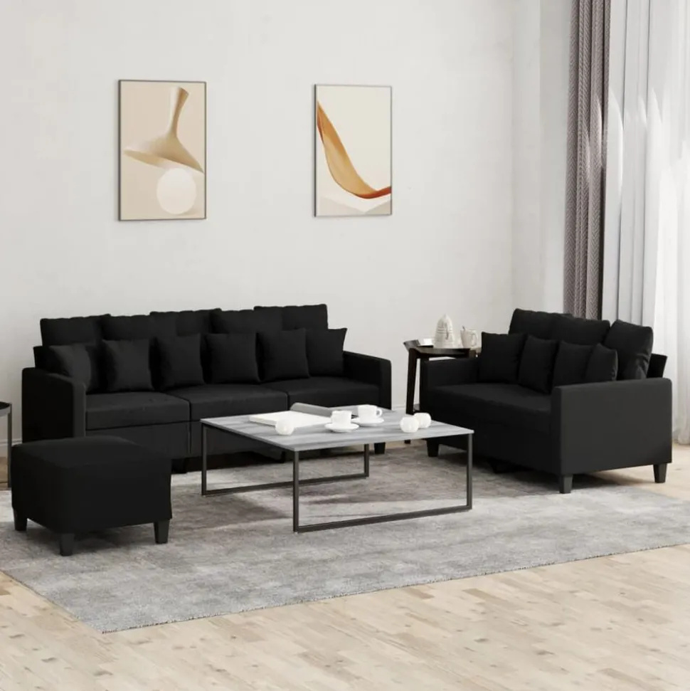 vidaXL 3-delige loungeset met kussens stof zwart
