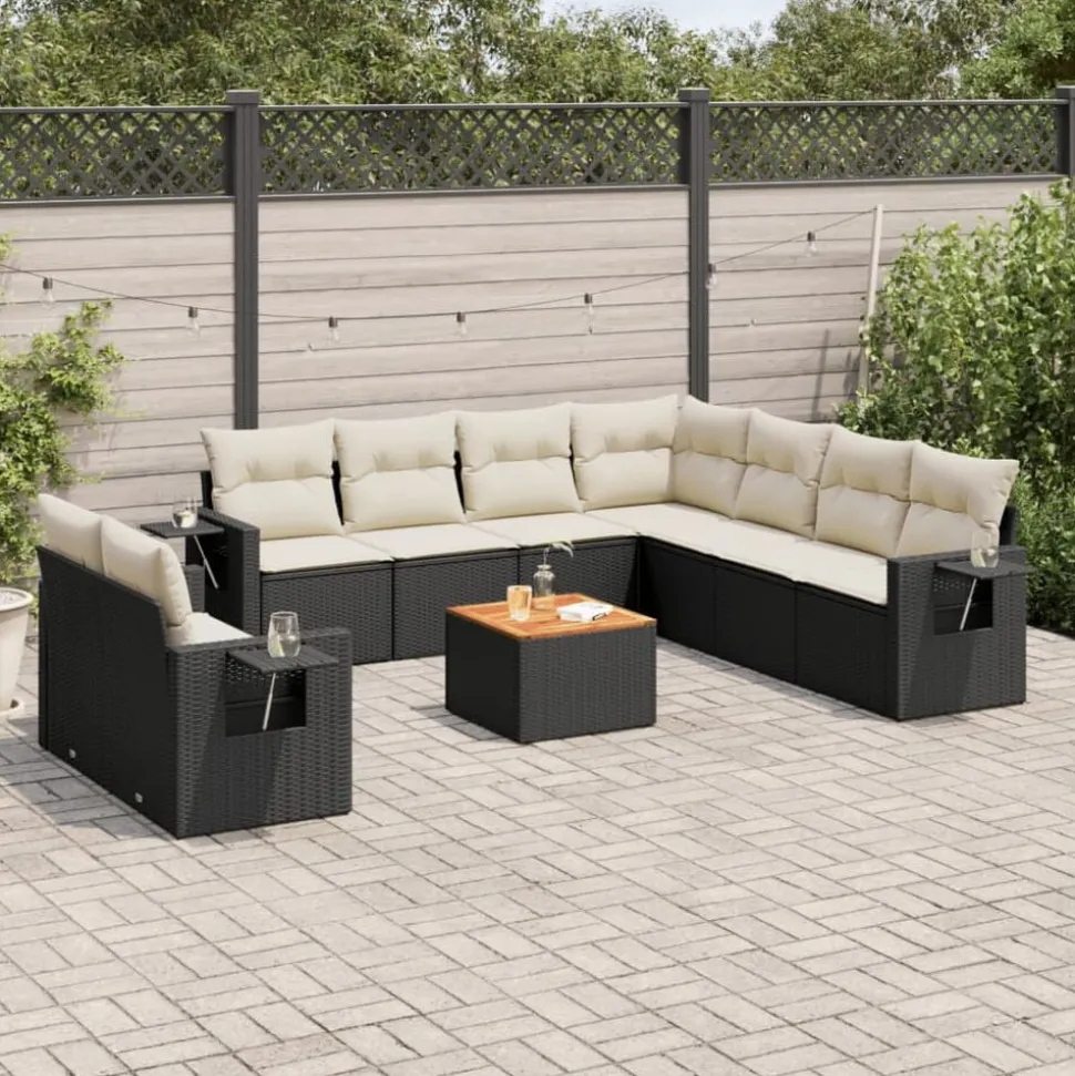 vidaXL 10-delige Loungeset met kussens poly rattan zwart
