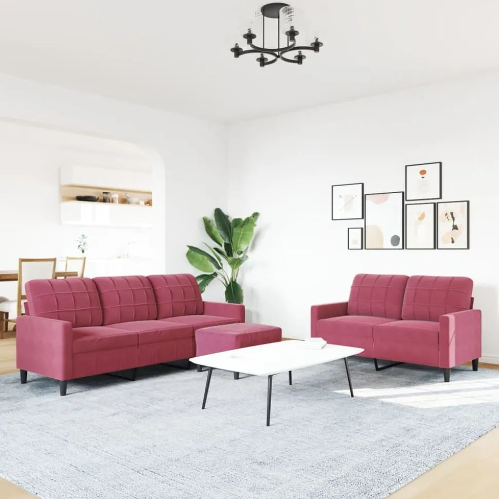 vidaXL 3-delige Loungeset met kussens fluweel wijnrood