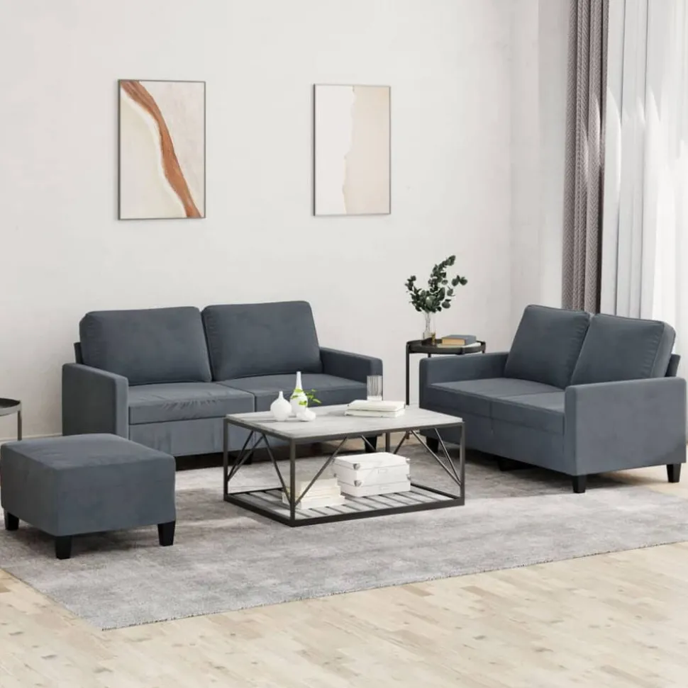 vidaXL 3-delige Loungeset met kussens fluweel donkergrijs