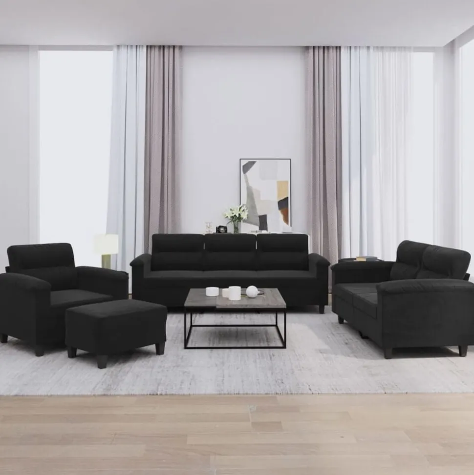 vidaXL 4-delige Loungeset met kussens microvezelstof zwart