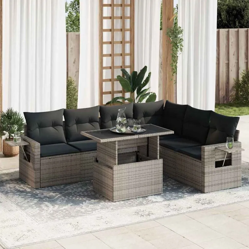 vidaXL 7-delige Loungeset met kussens poly rattan grijs