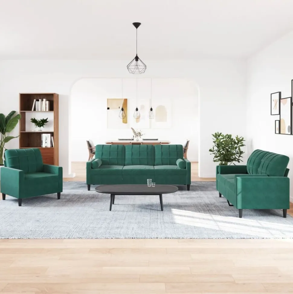 vidaXL 3-delige Loungeset met kussens en bolsters fluweel donkergroen