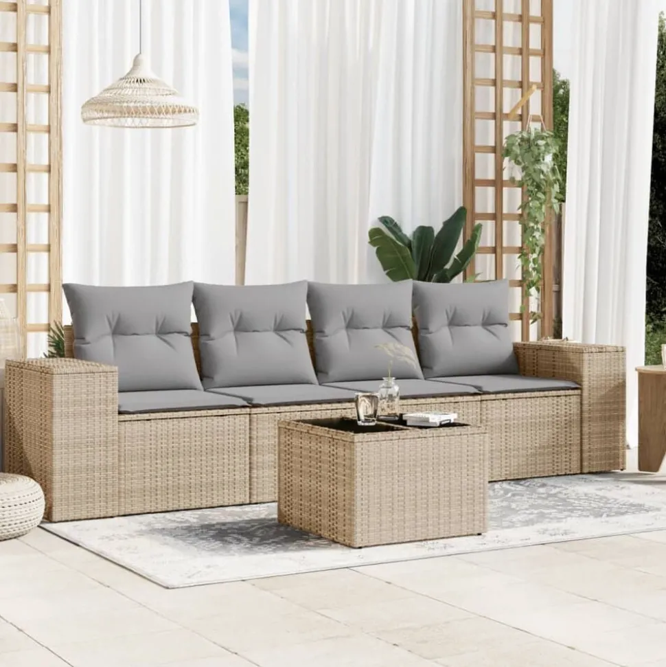 vidaXL 5-delige Loungeset met kussens poly rattan beige