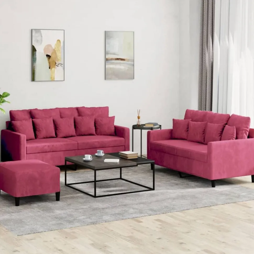 vidaXL 3-delige Loungeset met kussens fluweel wijnrood