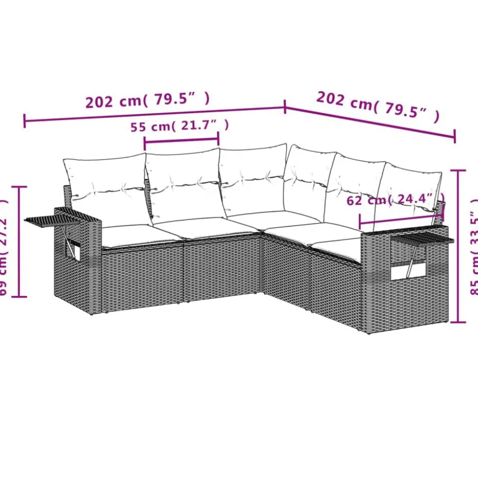 vidaXL 5-delige Loungeset met kussens poly rattan grijs