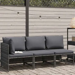 vidaXL 3-delige Loungeset met kussens poly rattan grijs