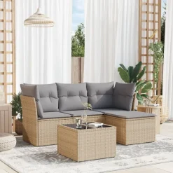 vidaXL 5-delige Loungeset met kussens poly rattan beige