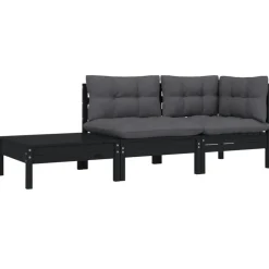vidaXL 3-delige Loungeset met kussens massief grenenhout zwart