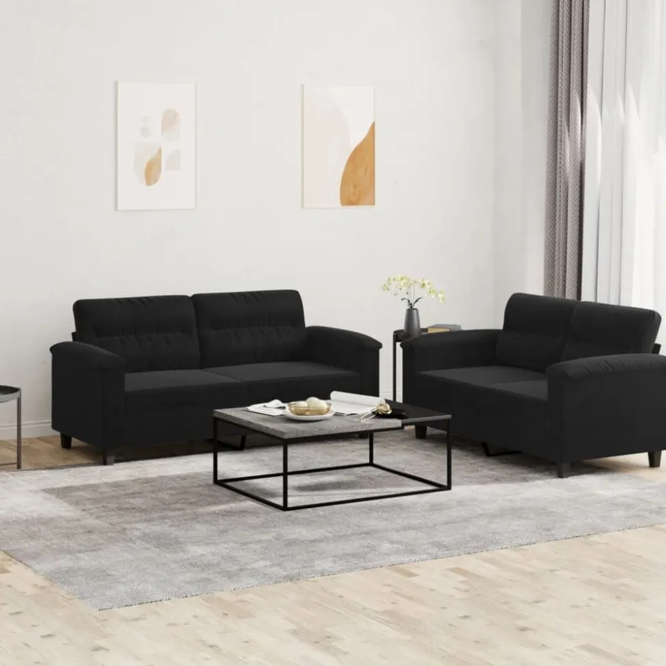 vidaXL 2-delige Loungeset met kussens microvezelstof zwart
