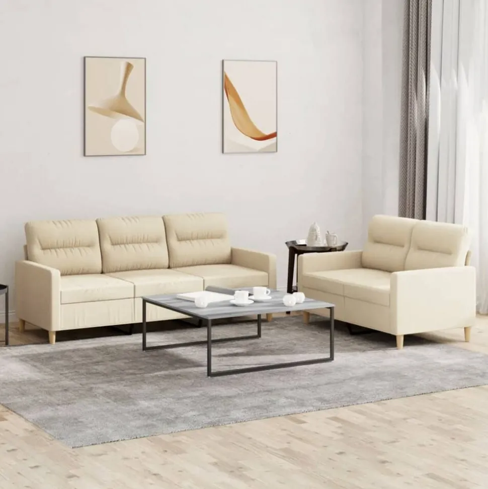 vidaXL 2-delige Loungeset met kussens stof crèmekleurig