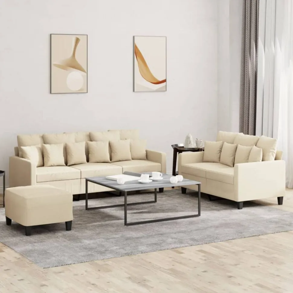 vidaXL 3-delige Loungeset met kussens stof crèmekleurig