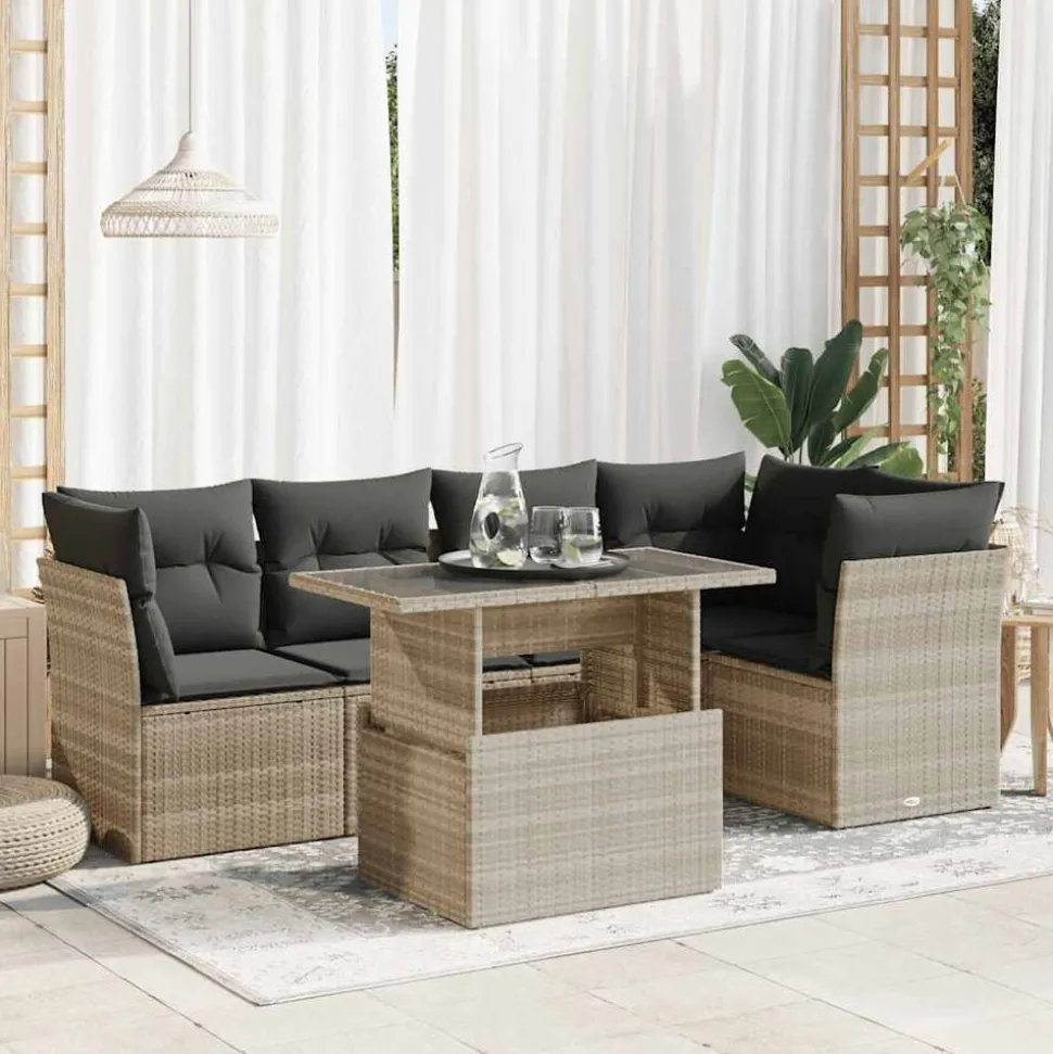 vidaXL 6-delige Loungeset met kussens poly rattan lichtgrijs