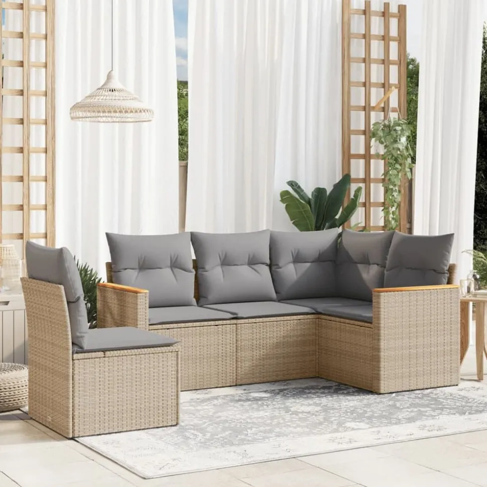 vidaXL 5-delige Loungeset met kussens poly rattan beige