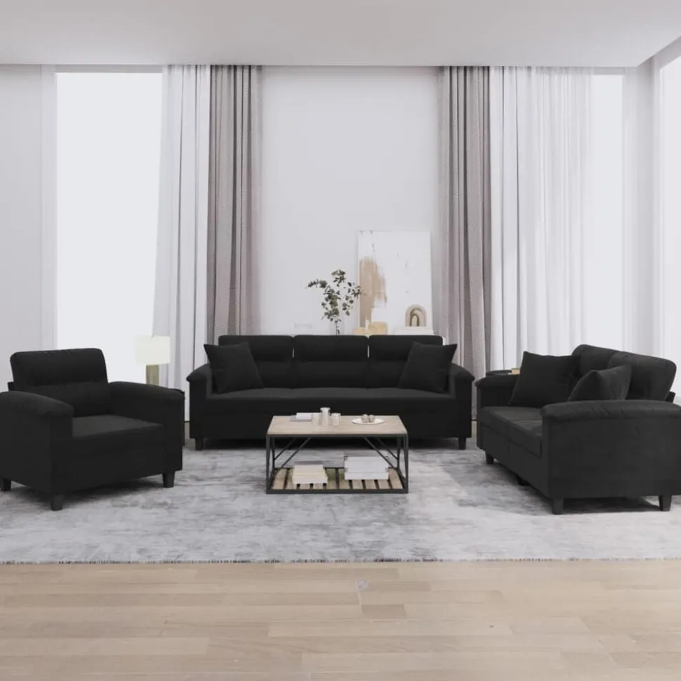 vidaXL 3-delige Loungeset met kussens microvezelstof zwart