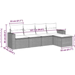 vidaXL 5-delige Loungeset met kussens poly rattan lichtgrijs