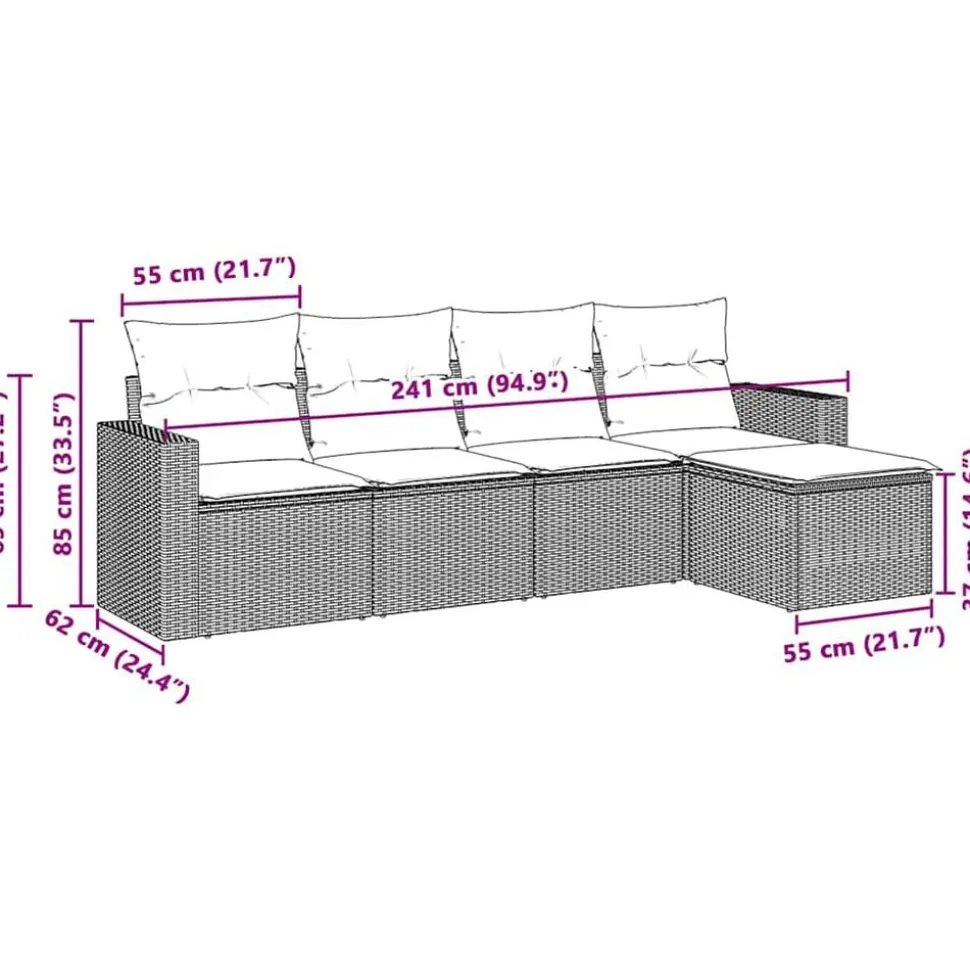 vidaXL 5-delige Loungeset met kussens poly rattan lichtgrijs