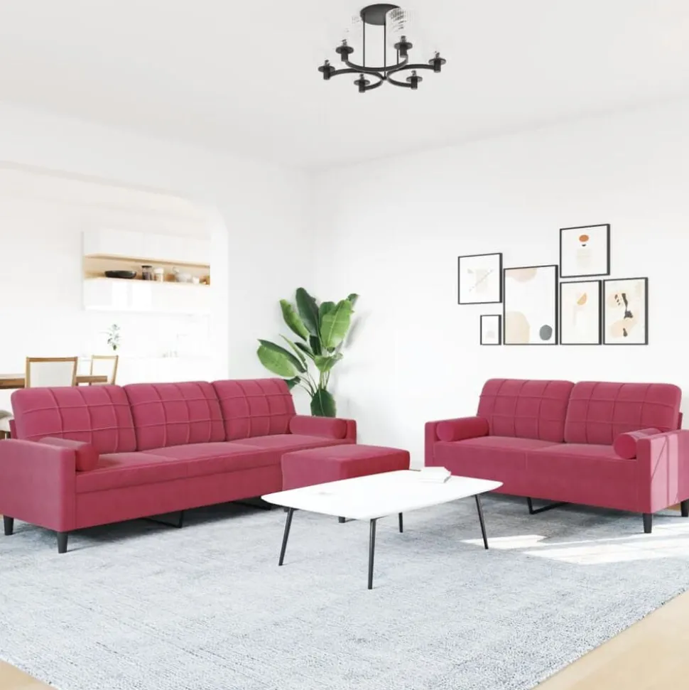 vidaXL 3-delige Loungeset met kussens en bolsters fluweel wijnrood