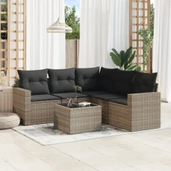 vidaXL 6-delige Loungeset met kussens poly rattan grijs
