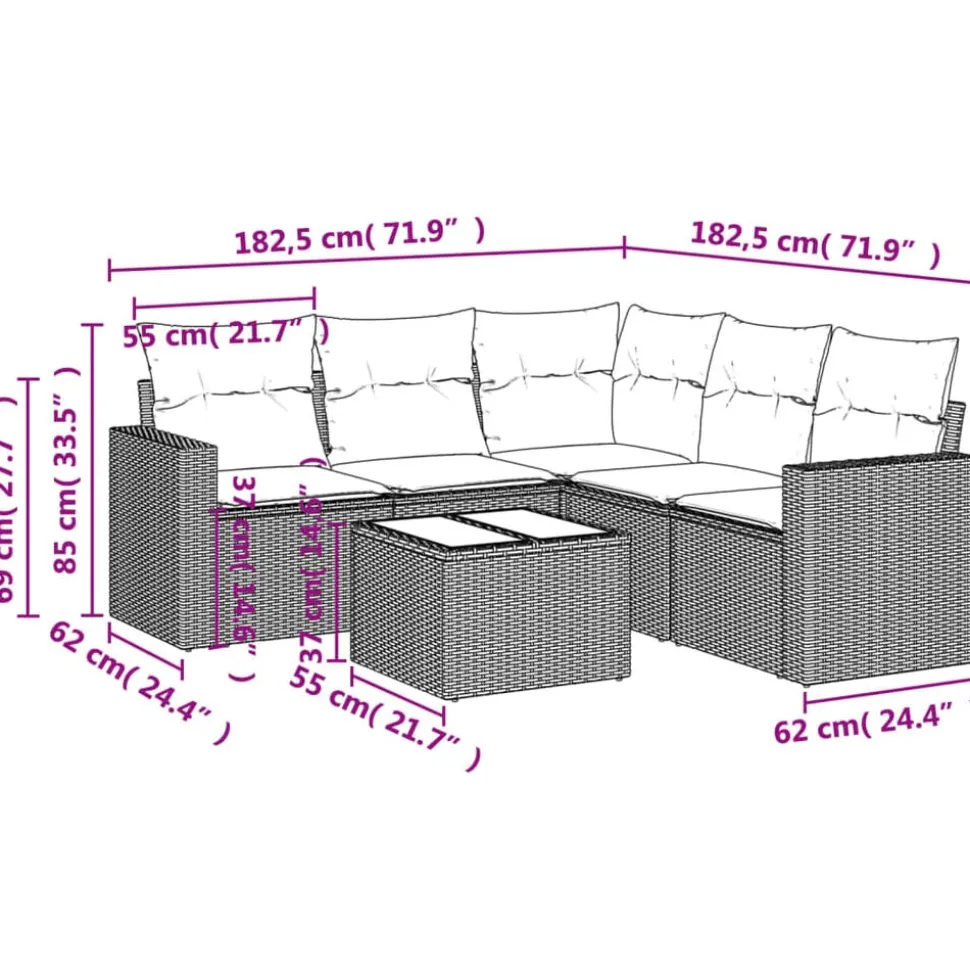 vidaXL 6-delige Loungeset met kussens poly rattan grijs